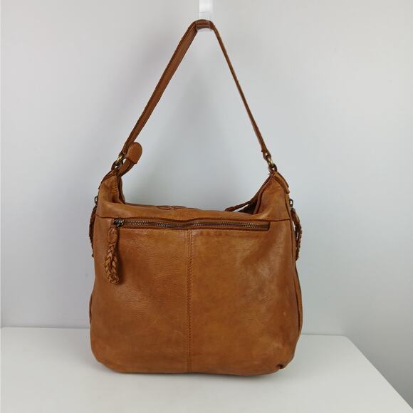 Genuine Leather Hobo Shoulder Bag With Artisanal Cutout Design Camel Color - Picture 5 of 8